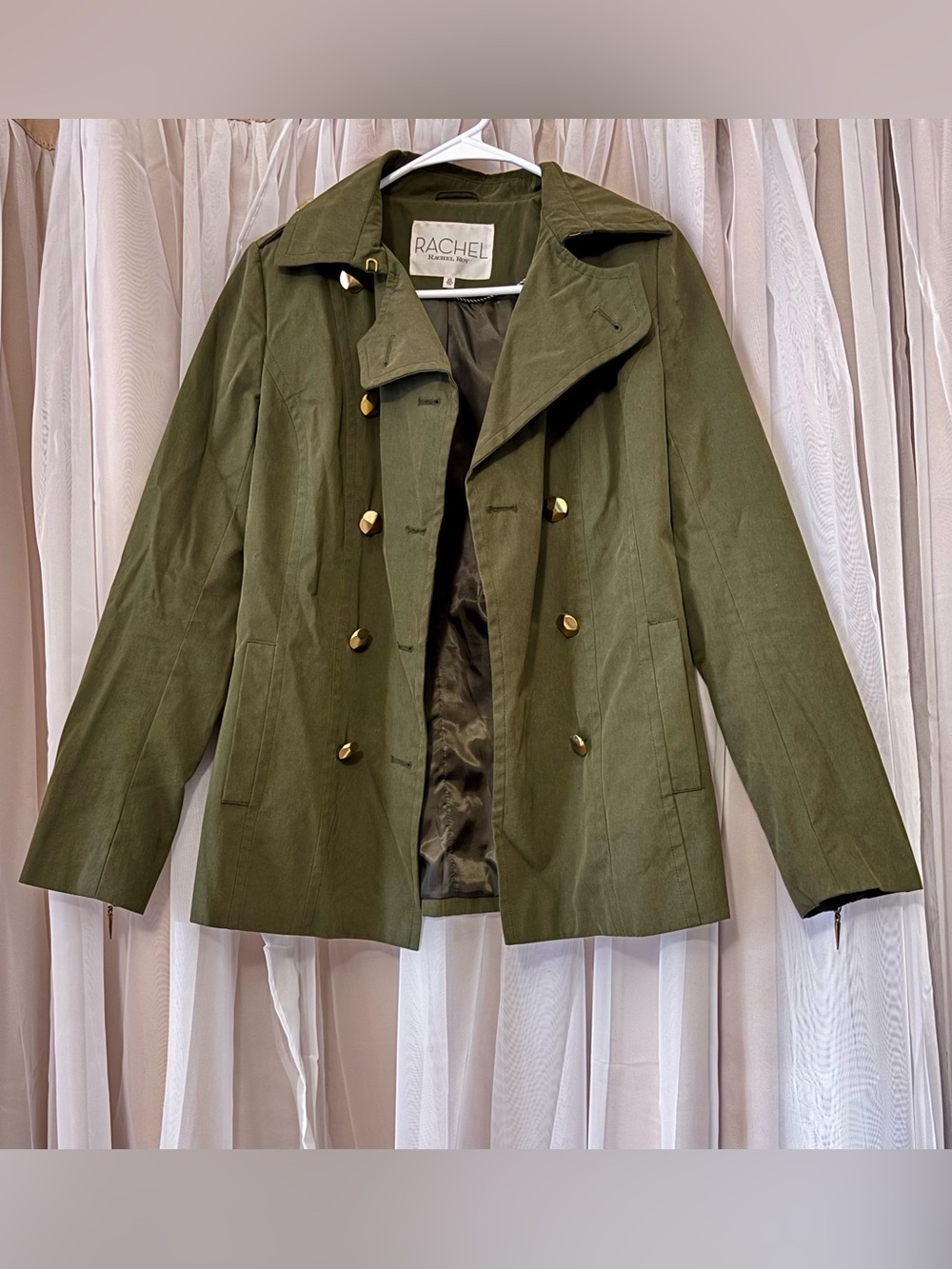 Rachel Rachel Roy Size XS Olive Green Double-Breasted Coat Gold Buttons Cotton